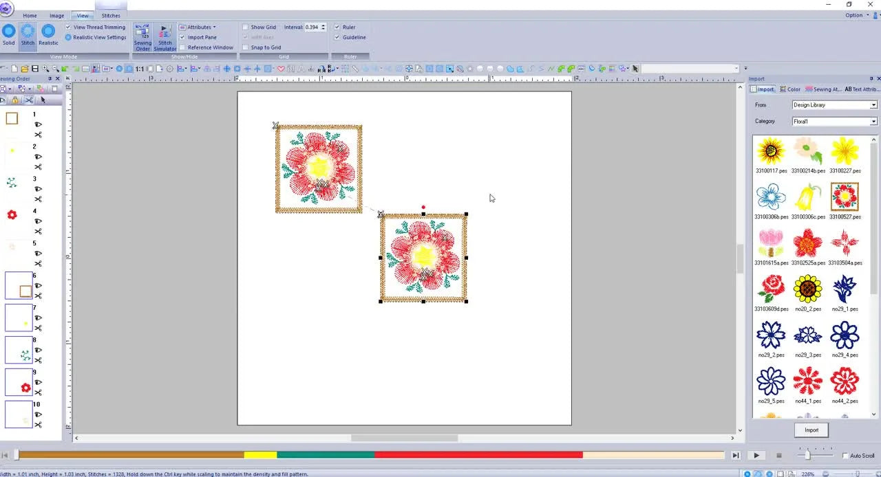 A close-up screen capture shows the cursor clicking PE Design 10’s Optimize Sewing Order button to reduce unnecessary color changes.