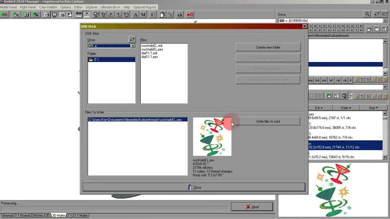 The Embird “USB Stick” operation window shows design details and the “Write files to card” button before transferring to a USB stick.