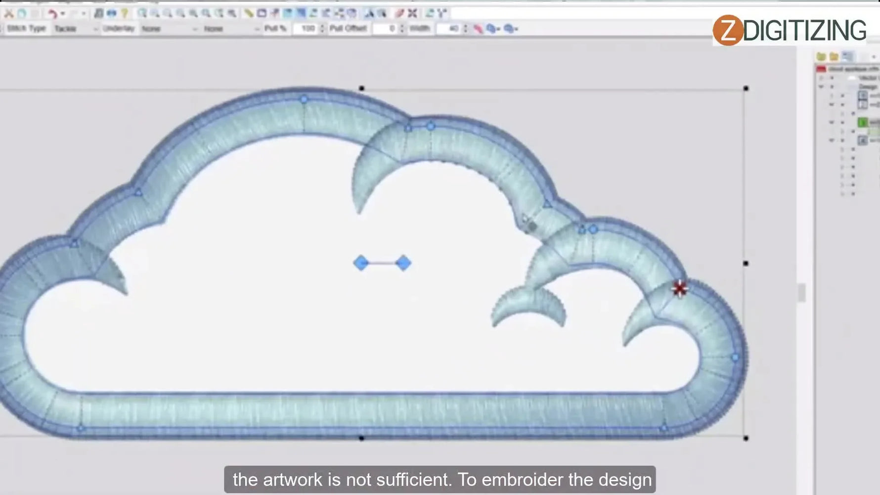 A digitizing software screen shows blue cloud shapes with active node-editing points, highlighting the planning stage that makes appliqué stitch cleanly on the machine.