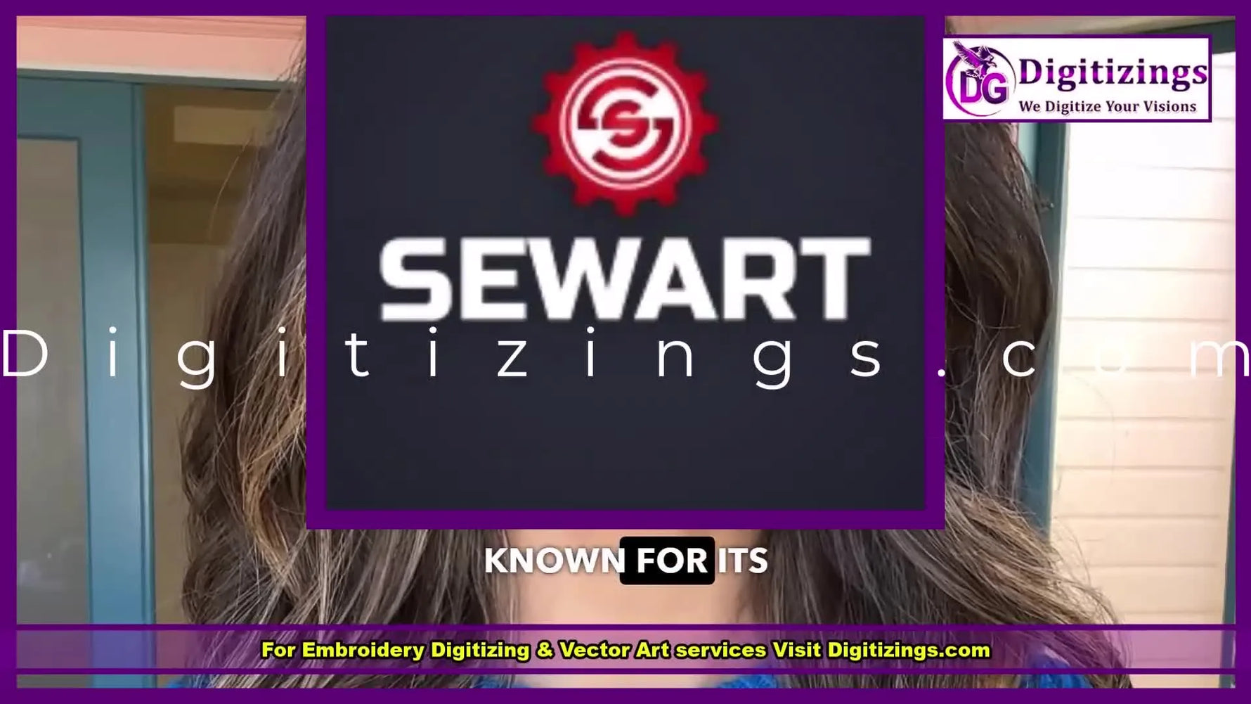 A split-screen frame shows the presenter alongside the SewArt red gear logo, setting up a beginner-friendly software review.