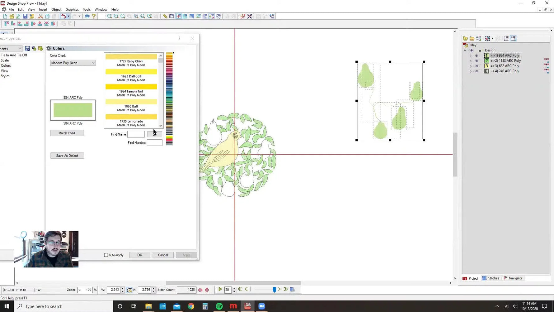 Screenshot of Design Shop Pro with a design of a bird and pears, highlighting the color selection window.