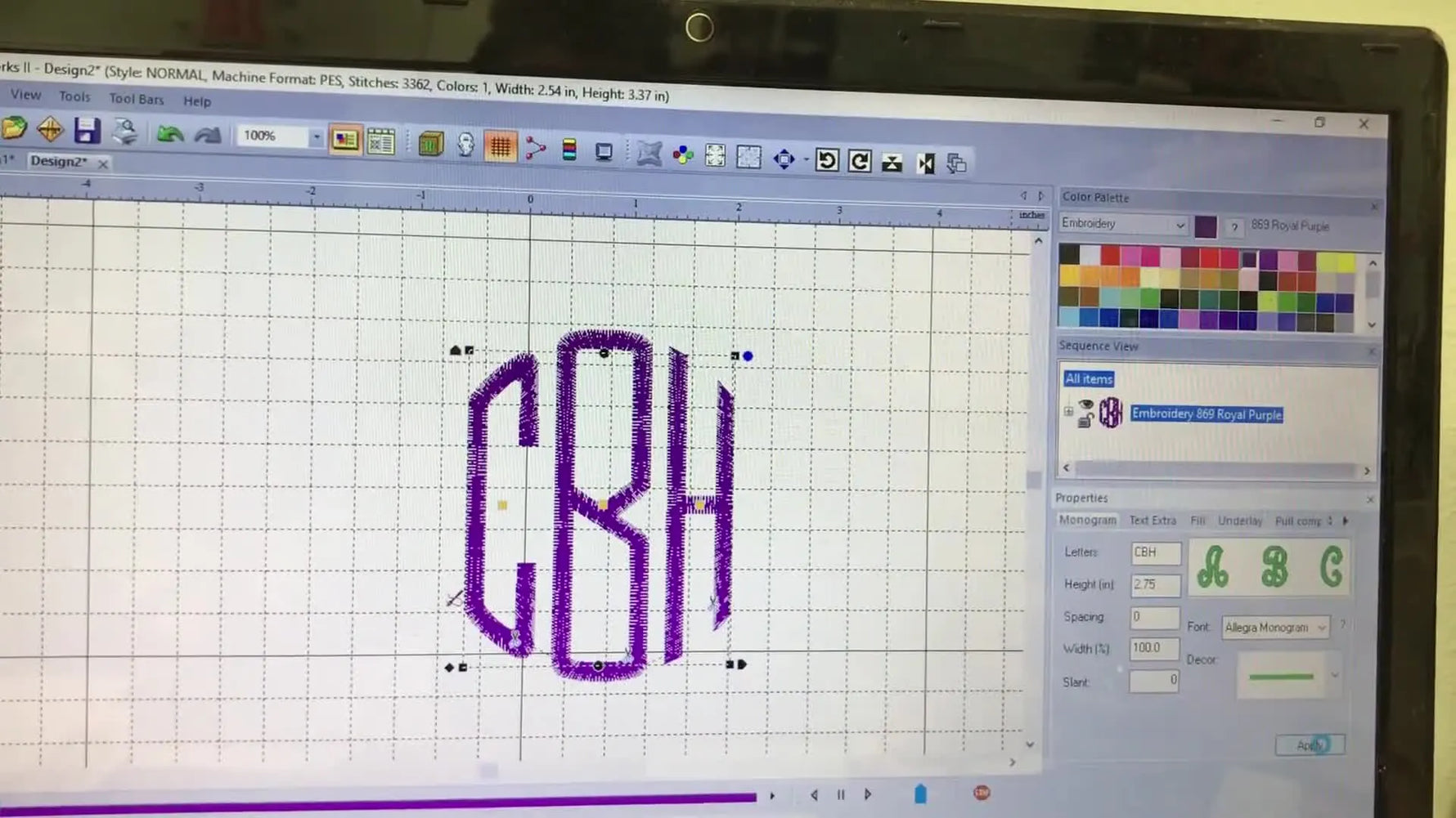 A finished three-letter monogram (CBH) in a Vine Script style is displayed on the MasterWorks II grid, ready to be saved for stitching.