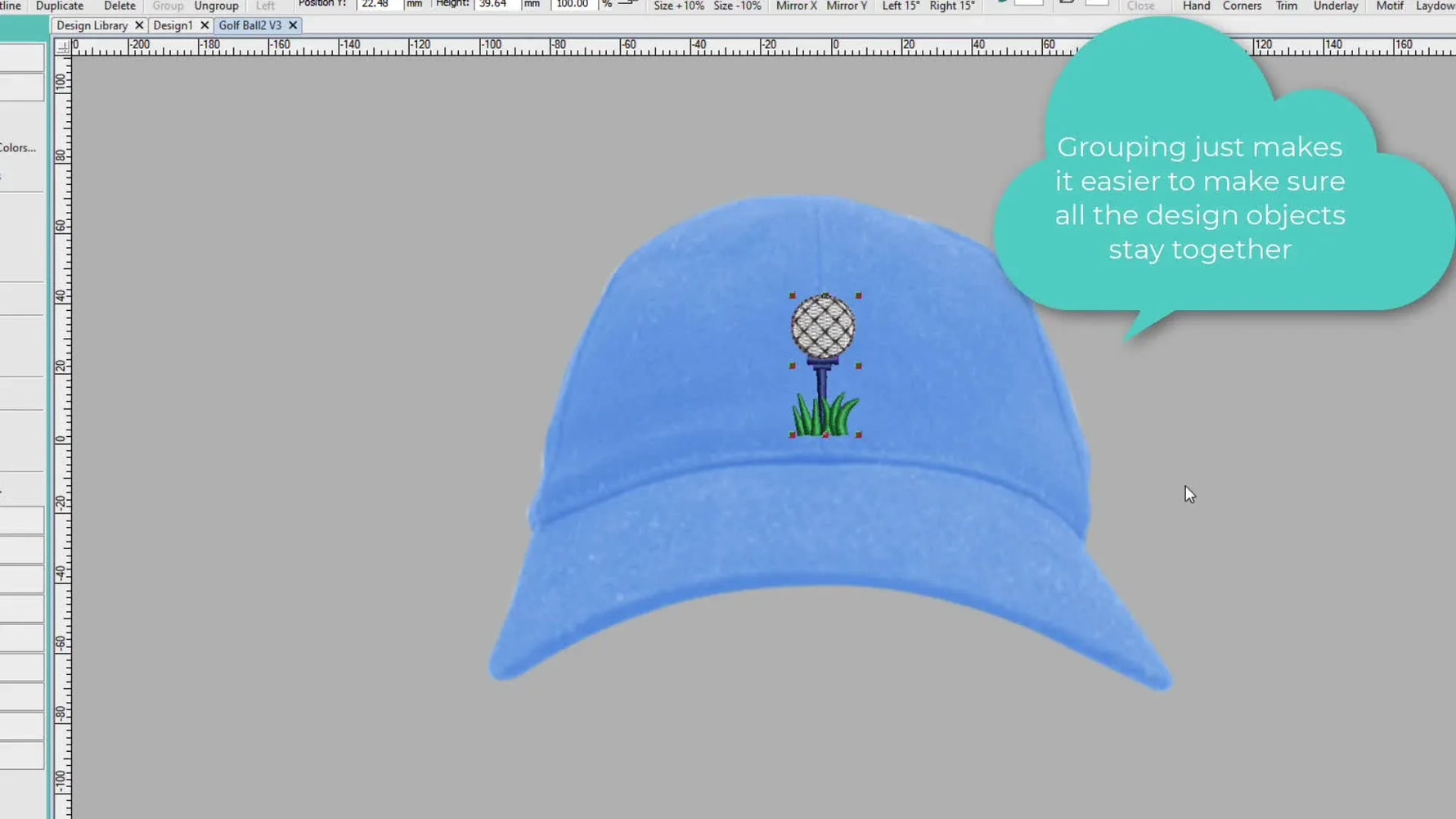 A Hatch workspace preview shows a small golf-ball logo being dragged into position on the forehead area of a realistic blue cap background.
