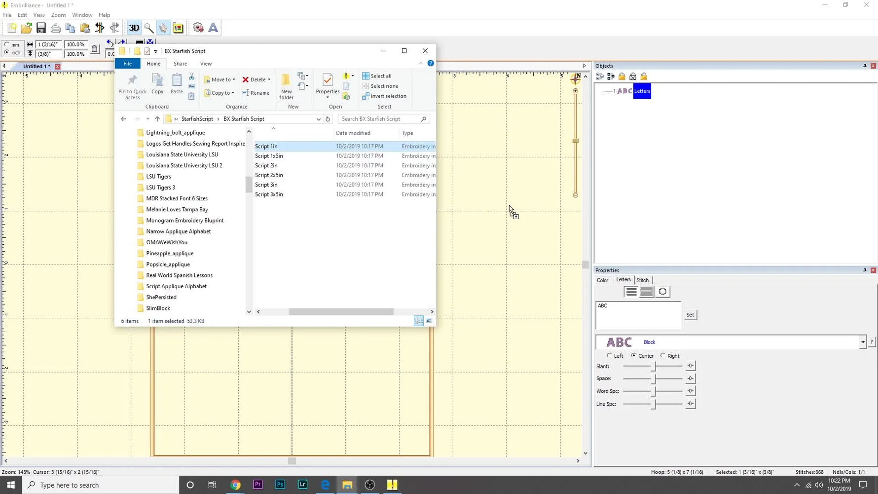 A screen capture shows a BX font being dragged from a folder directly onto the Embrilliance Express canvas to install it.