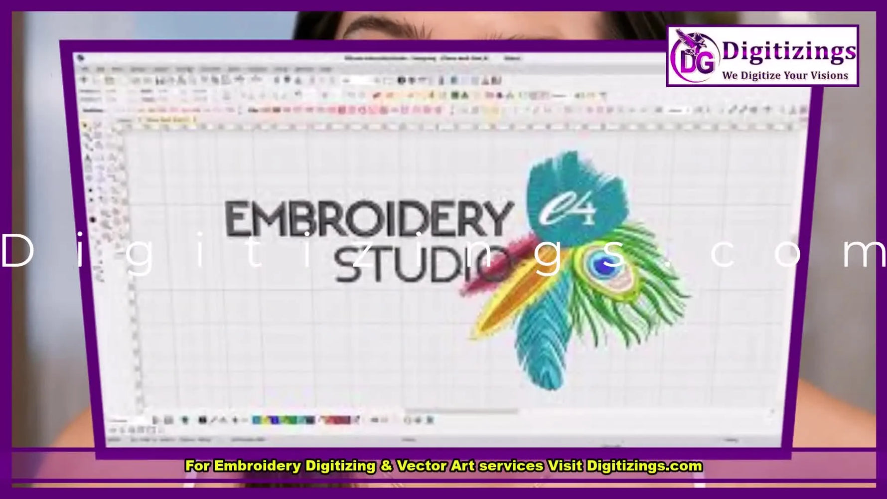 A detailed screenshot of Wilcom Embroidery Studio’s interface with multiple toolbars and a colorful logo design on the canvas.
