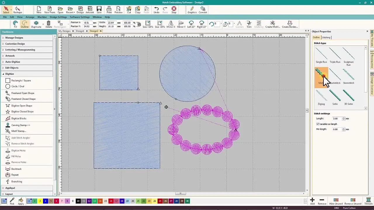 A screen capture shows an oval instantly converting from a simple outline into a satin-filled embroidery object using Hatch Object Properties.