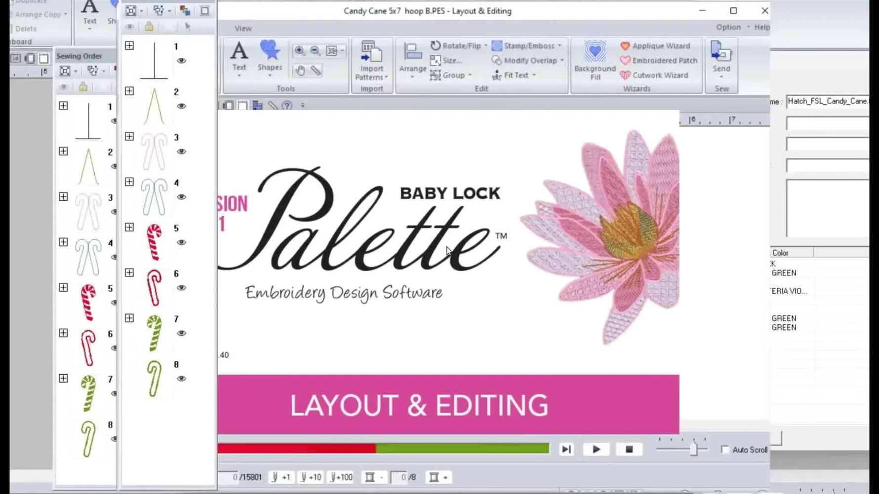 A full view of the red-and-green Candy Cane side-seam appliqué design displayed inside the Baby Lock Palette 11 workspace.