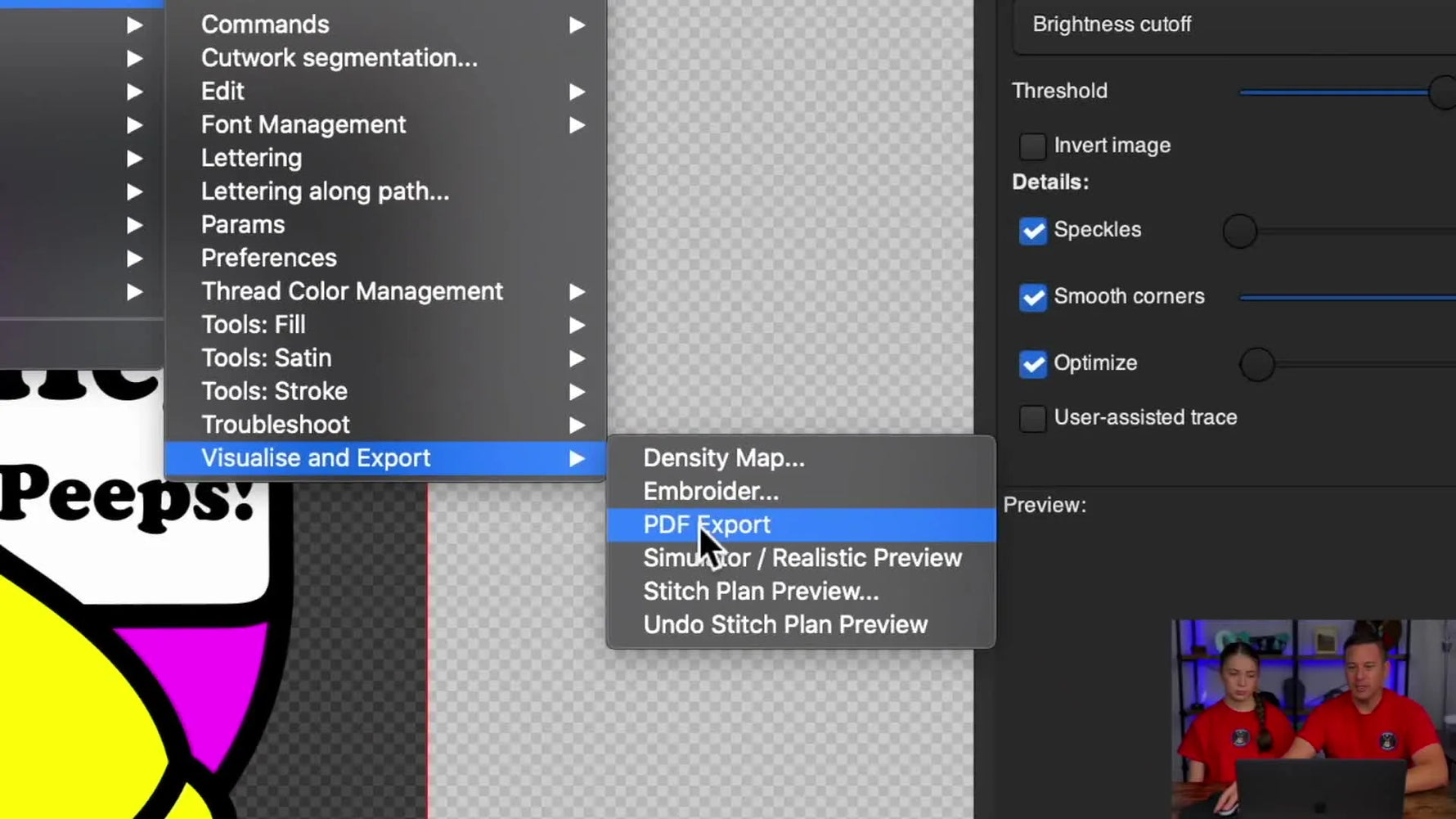 Ink/Stitch’s PDF Export preview window showing the design proof alongside stitch count, size, estimated time, and thread usage fields.