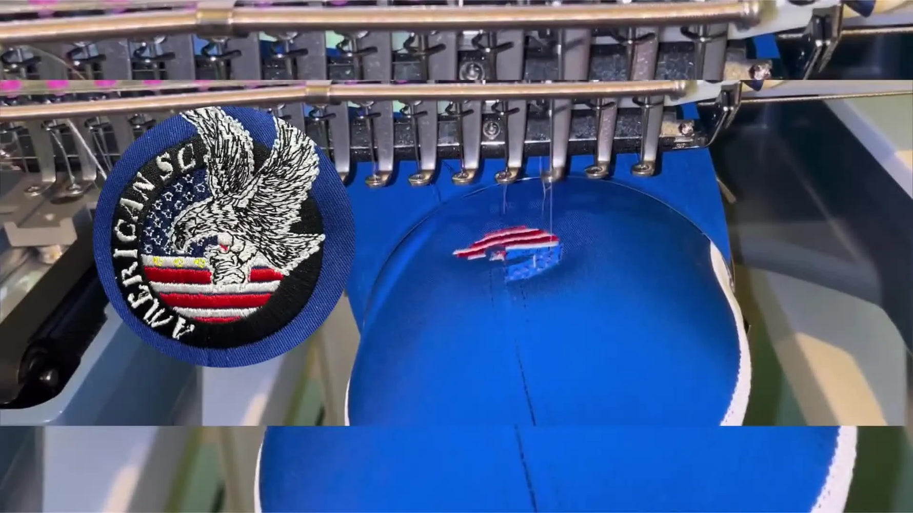 An extreme close-up shows the needle stitching red stripes into a flag-style design on a blue cap panel.