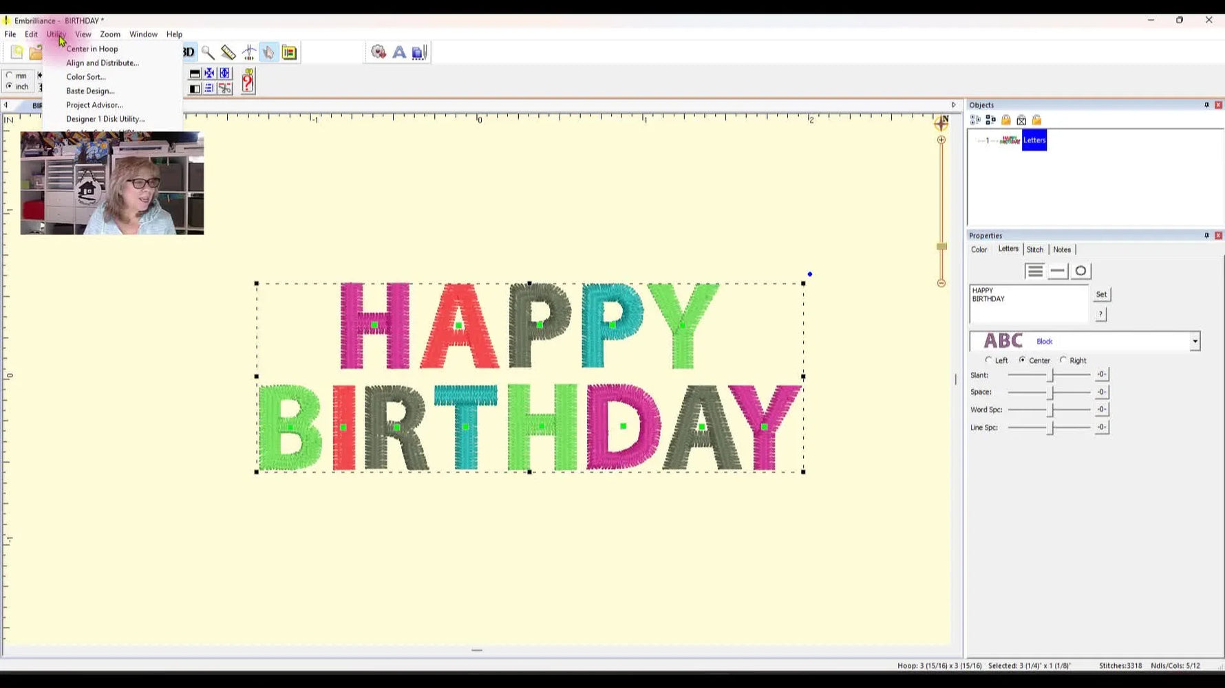 A screen capture shows Embrilliance Essentials with the Utility menu open and “Baste Design” selected to generate a basting box around the design.
