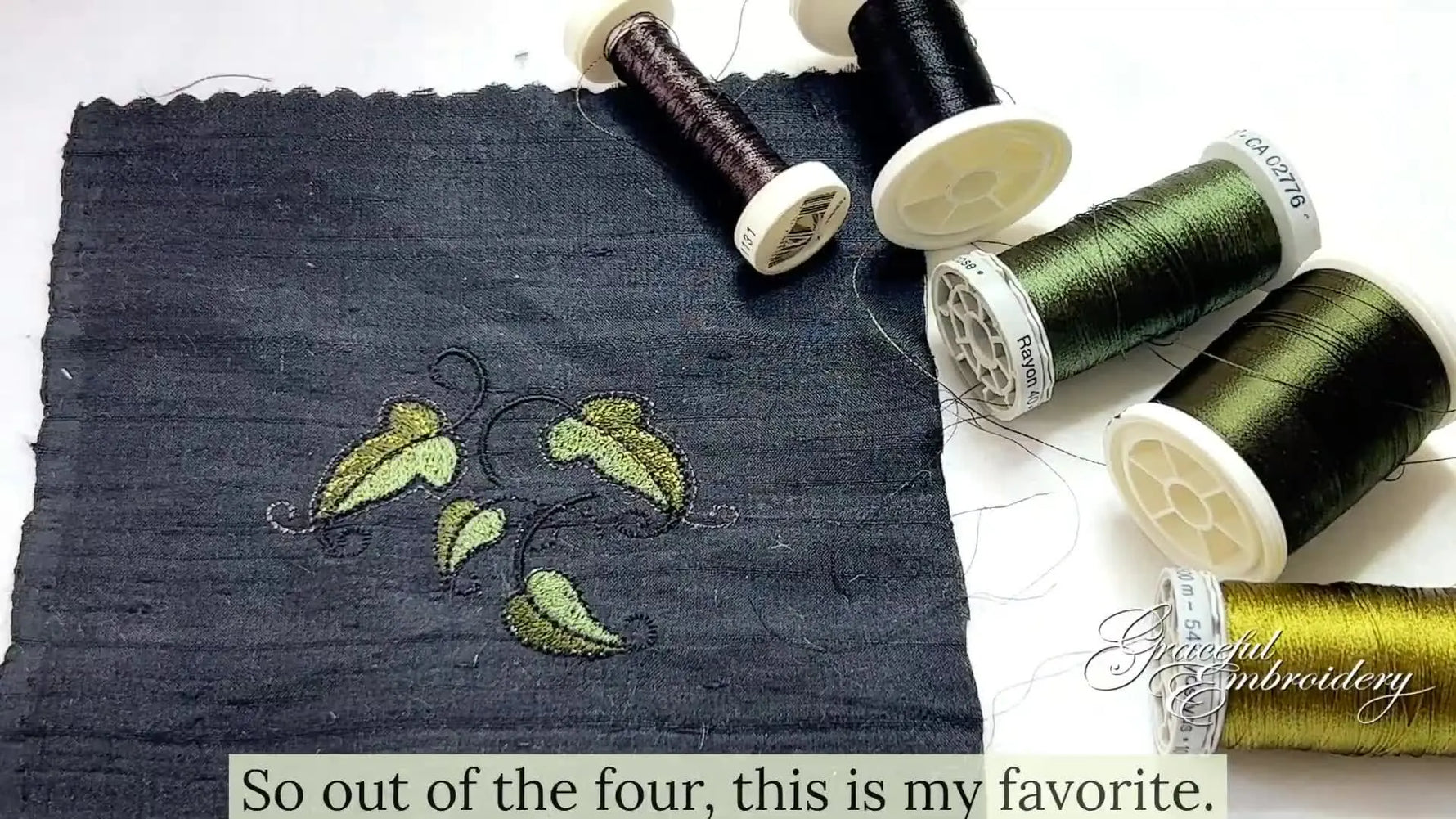 All four stitched samples are arranged together so you can compare how thread, fabric texture, and bobbin choices change the final look.