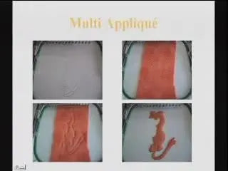 A clear four-panel diagram shows the full multi-appliqué sequence ending in a neatly satin-finished appliqué shape.