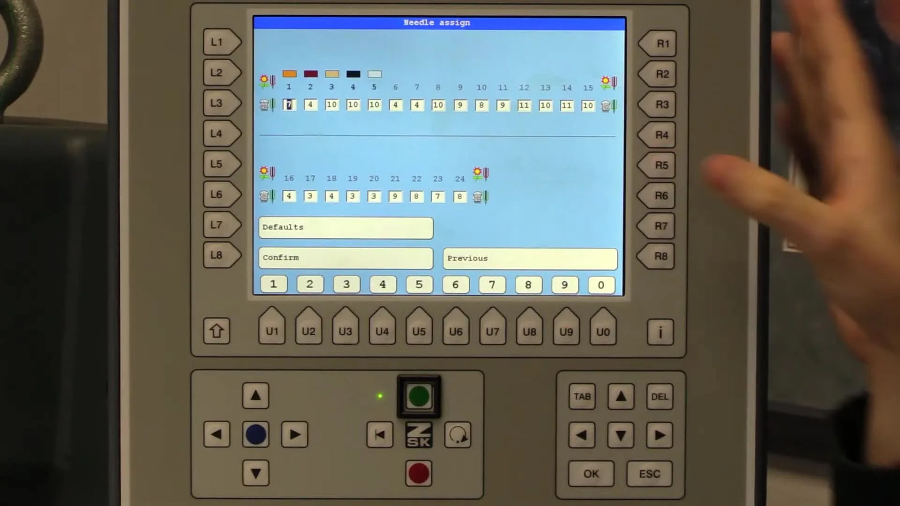 The ZSK T8 needle assignment matrix screen where digitized colors are mapped to the machine’s actual needle numbers.