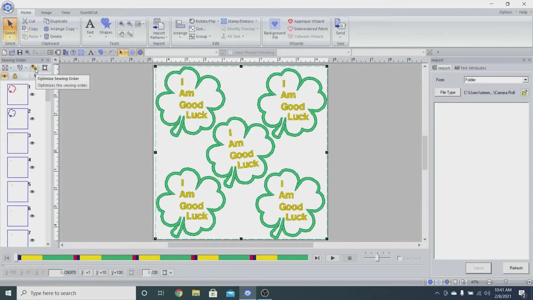 A close-up screen capture shows the cursor clicking the Optimize Sewing Order icon to batch stitches for multiple designs in one hoop.