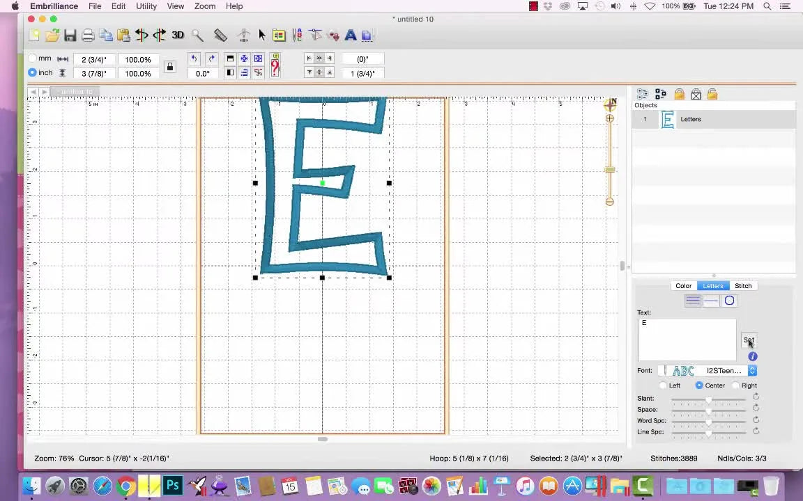 A centered appliqué letter in the Embrilliance hoop workspace, showing the satin outline and hoop grid for sizing confidence.