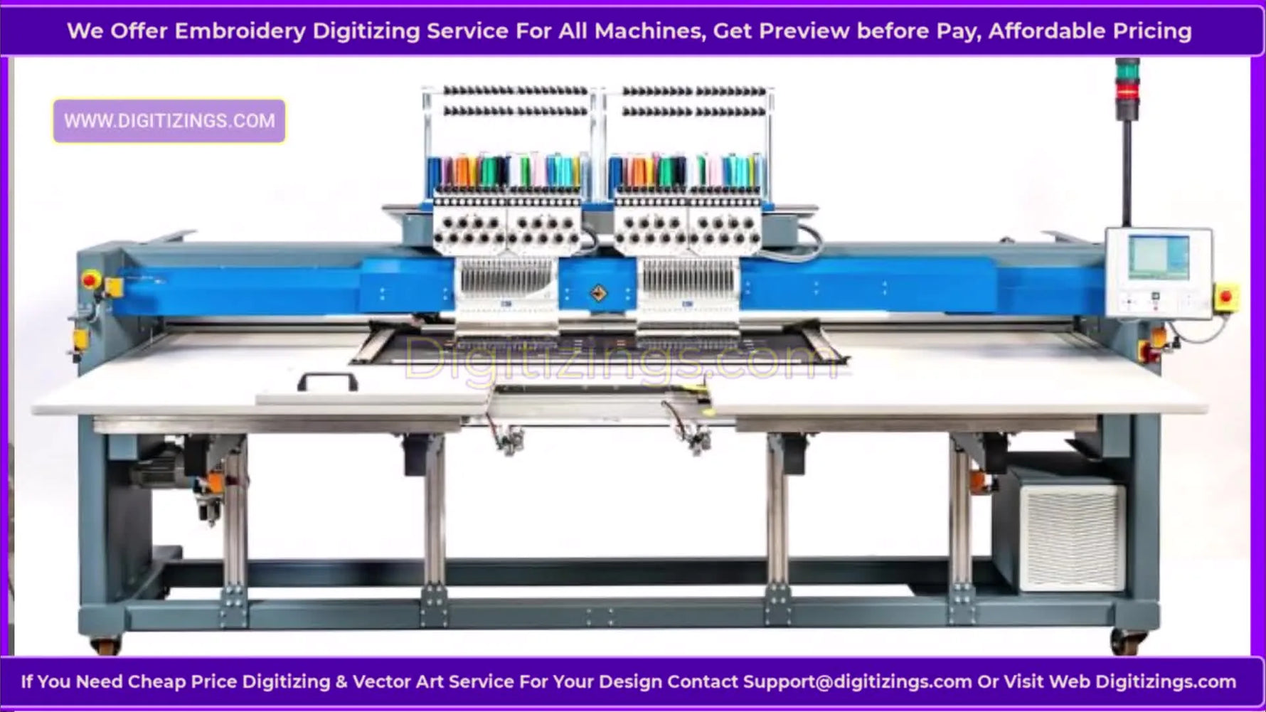 A wide product shot of the ZSK 2-Head Racer industrial embroidery machine showing both heads, the control panel, and the thread stand.