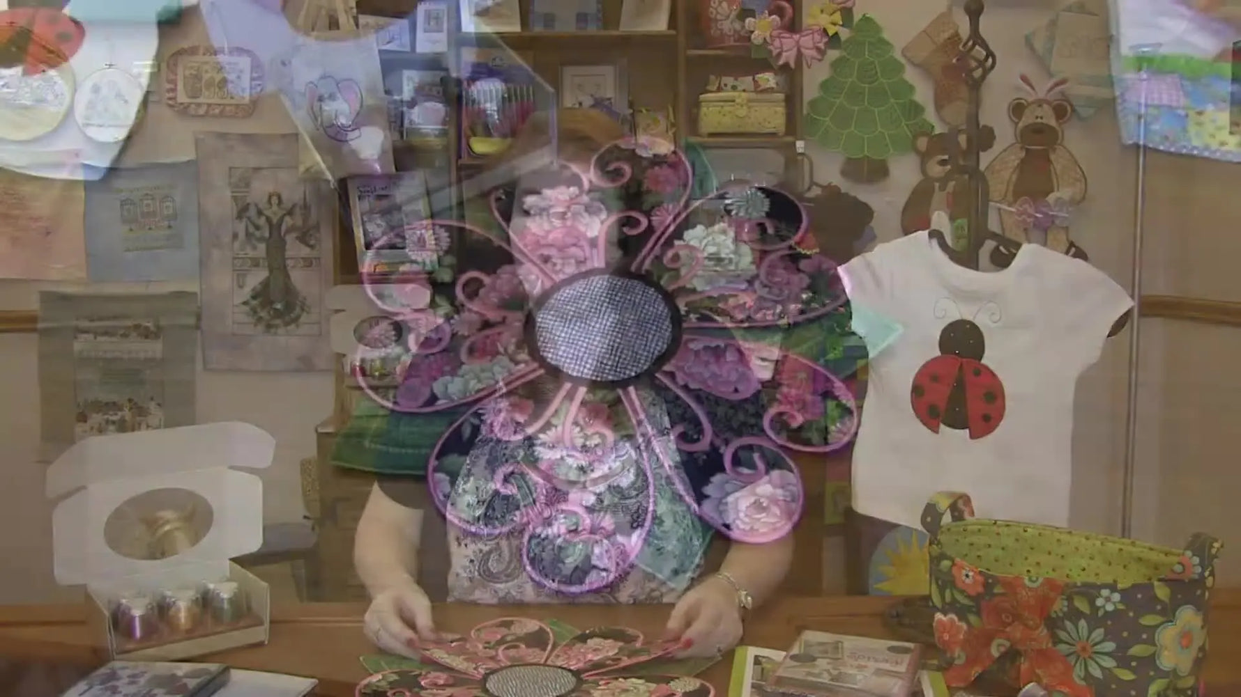 A top-down view of the finished “Flower for M’Lady” centerpiece highlights layered petals and the kind of structure that depends on smart stabilizer and hooping choices.