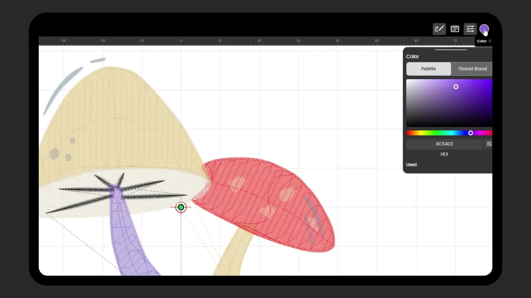 A full 3D preview of the finished mushroom embroidery design inside the Institch app, ready to export as a DST file.