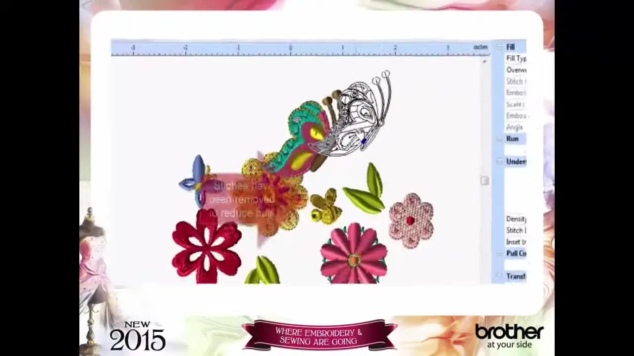 A screen capture shows the “Remove Overlapped Stitches” result where stitches under a butterfly wing have been cleanly removed for a smoother sew-out.
