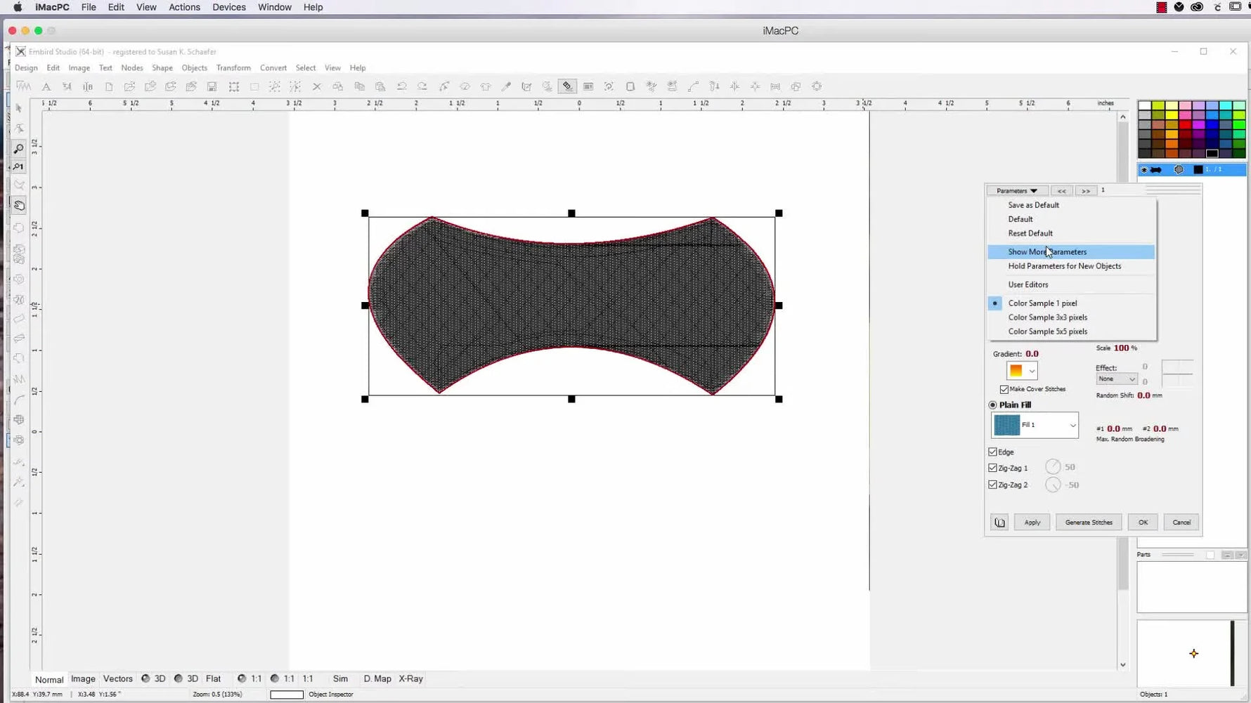 The Embird Studio Parameters window with “Show more parameters” visible, where advanced stitch controls are unlocked.