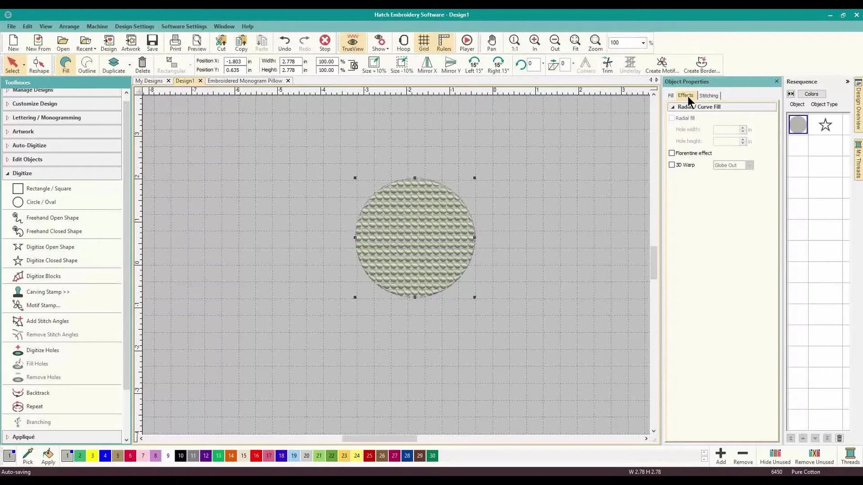 A Hatch screen capture showing a green circle transformed into a 3D-looking globe using the 3D Warp effect.