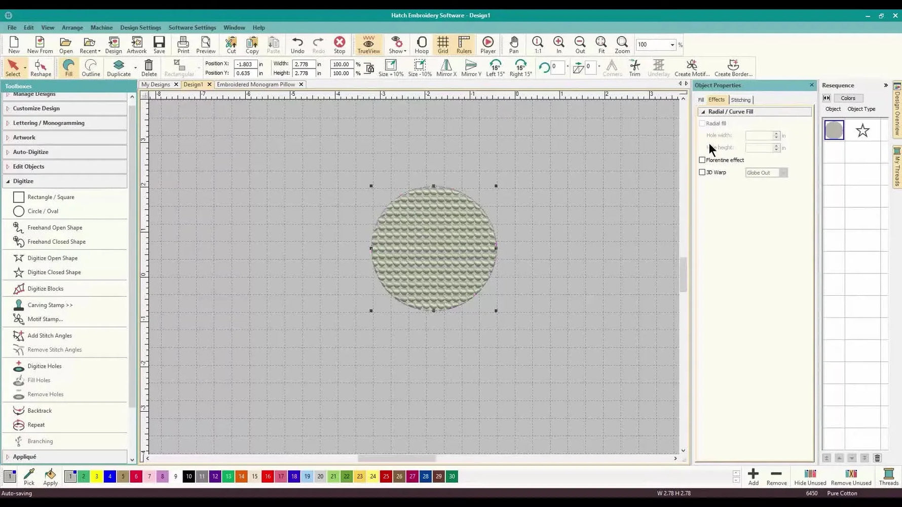 A motif-filled circle in Hatch transforms into a convincing 3D sphere as the 3D Warp effect wraps the pattern around the “globe.”