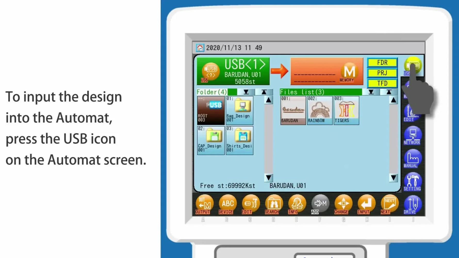 Close-up of the Barudan Automat's design input screen, showing a finger selecting the 'FDR' tab for file browsing.