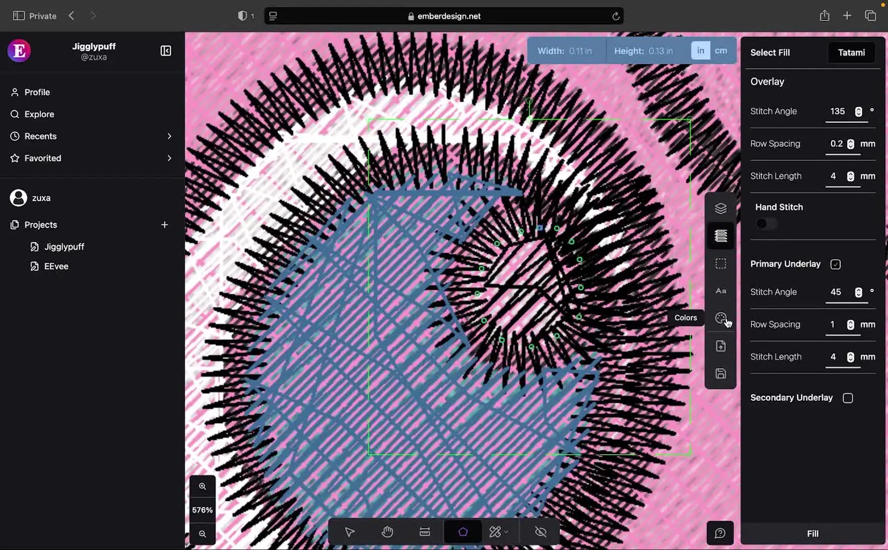 A fully digitized Jigglypuff in Ember with satin borders and filled color blocks, ready to export as a DST for stitching.