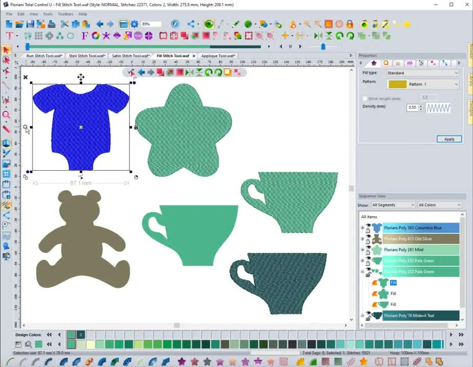 A Floriani FTC-U screen view of a baby onesie fill object, showing how fill properties change the stitch preview and stitch-out behavior.