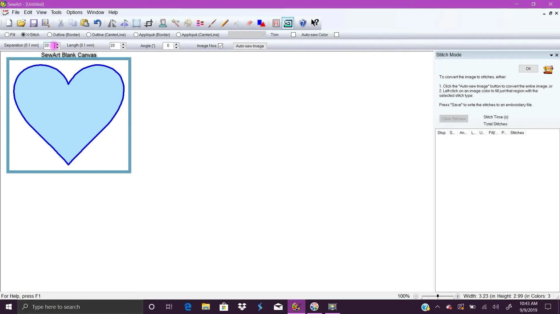 A close-up of the SewArt Cross Stitch settings panel where Grid Size is set to 20 to prevent freezing.