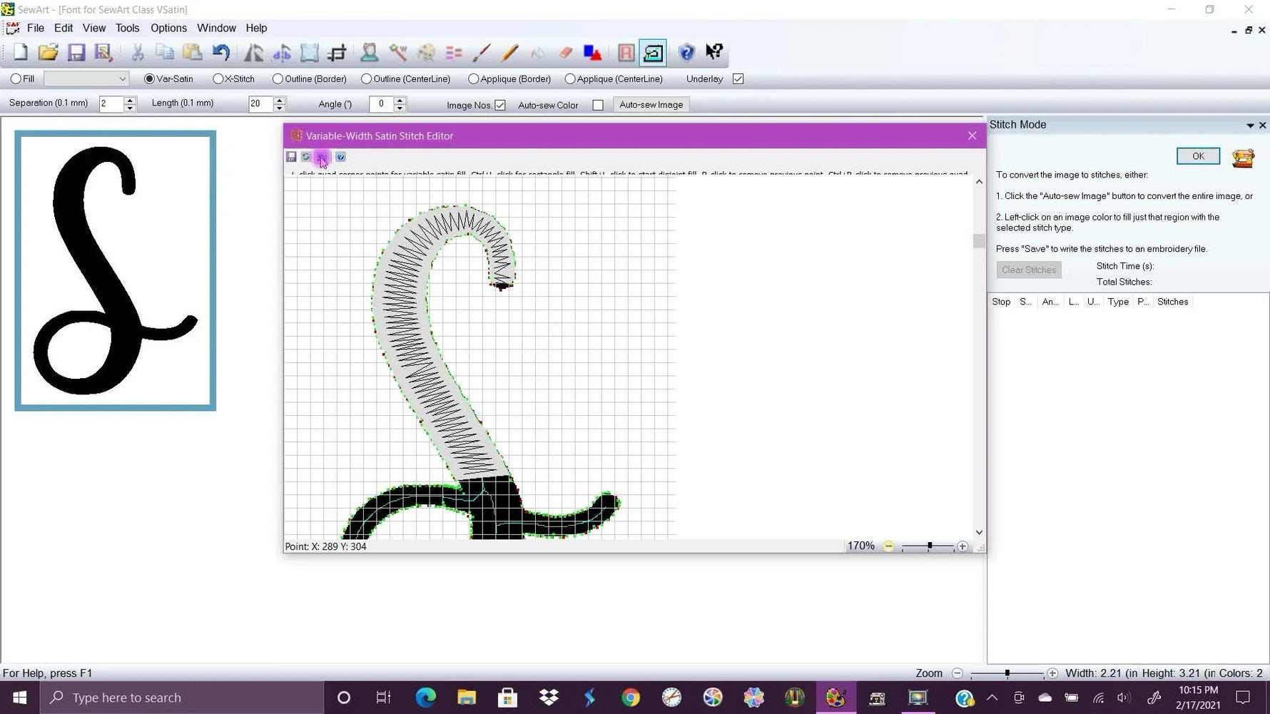 A SewArt satin stitch emulator preview shows a simulated thread fill forming a smooth cursive “S.”