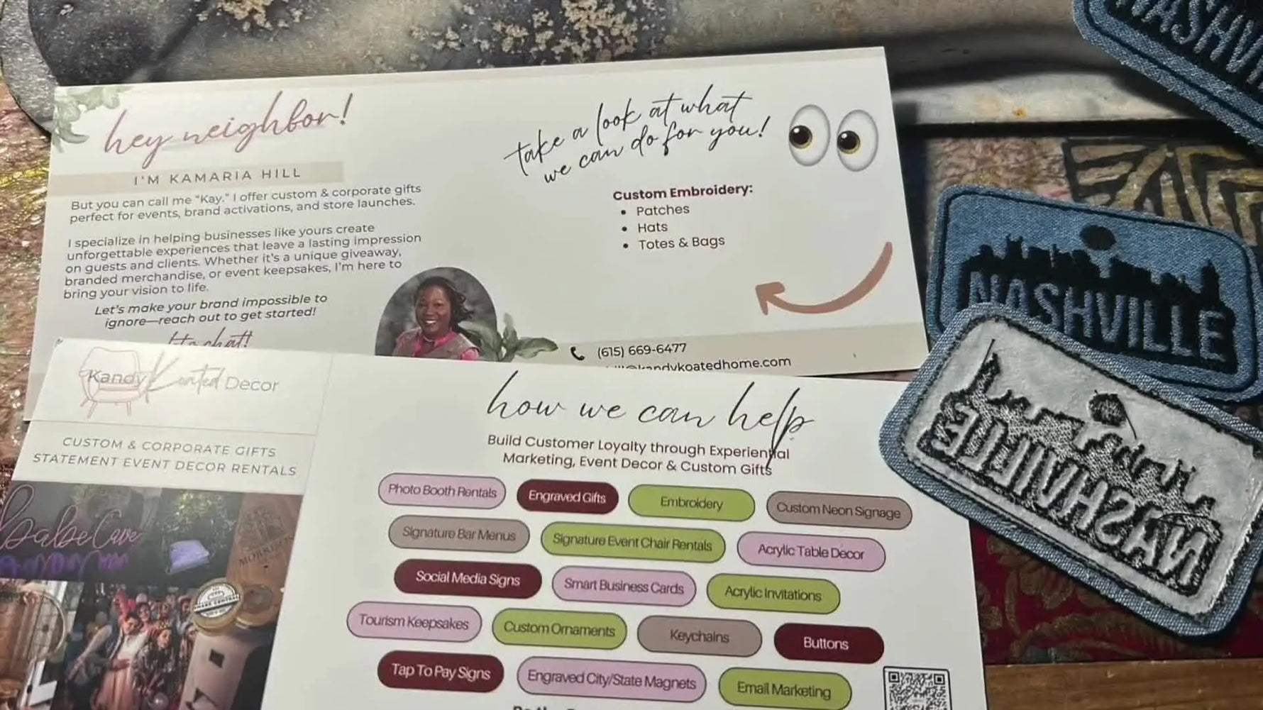 A finished Nashville skyline cork patch sits on a “Hey Neighbor!” marketing postcard, ready to hand out at a networking event.