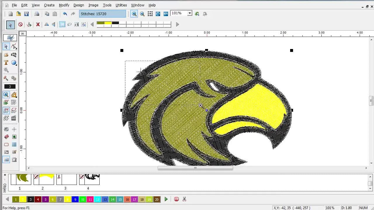 A fully digitized eagle head in Stitch Era Universal with underlay applied, showing a clean, stable result ready for stitching.