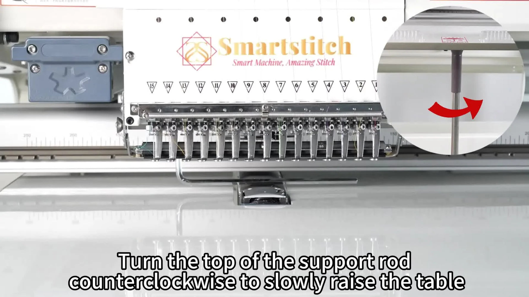 A close-up of a technician rotating the support rod grip counterclockwise to raise the Smartstitch extension table until it sits flush with the needle plate.