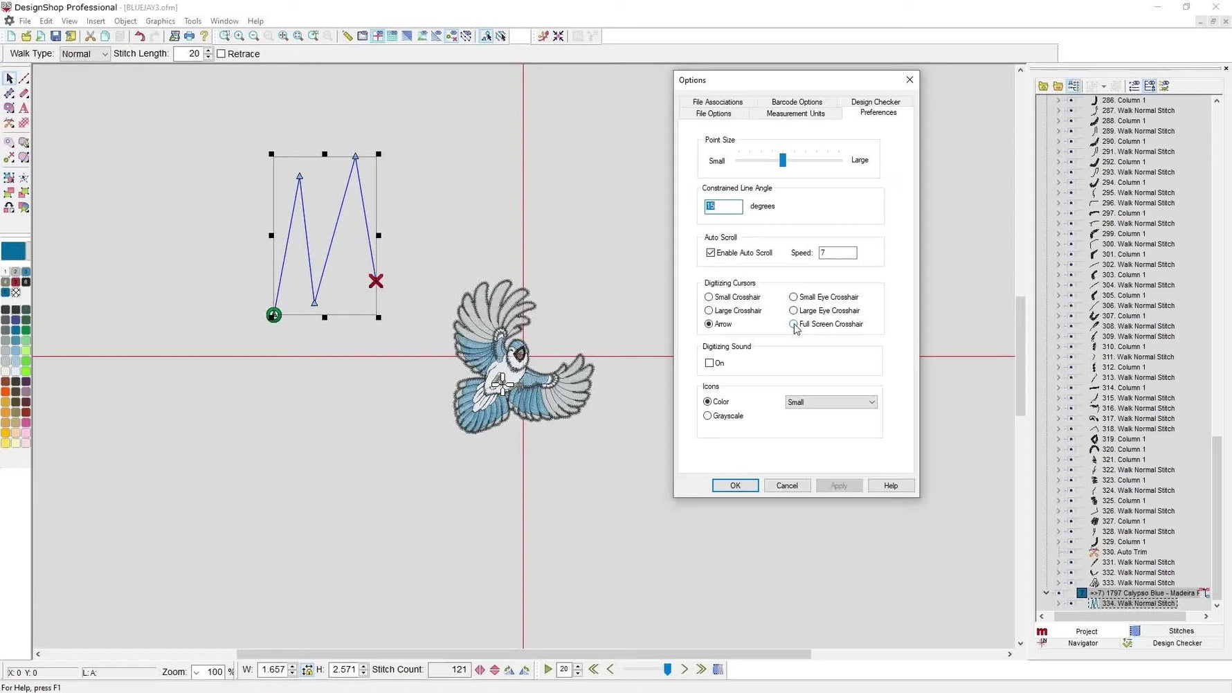 A DesignShop 11 workspace view showing the Full Screen Crosshair cursor spanning the canvas for precise alignment while digitizing.