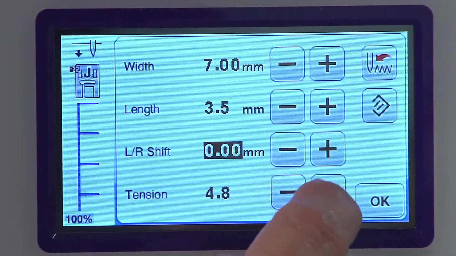 A close-up of the Brother machine screen showing the tension raised to 8.0—the key setting that makes shell tuck trim scallop cleanly.