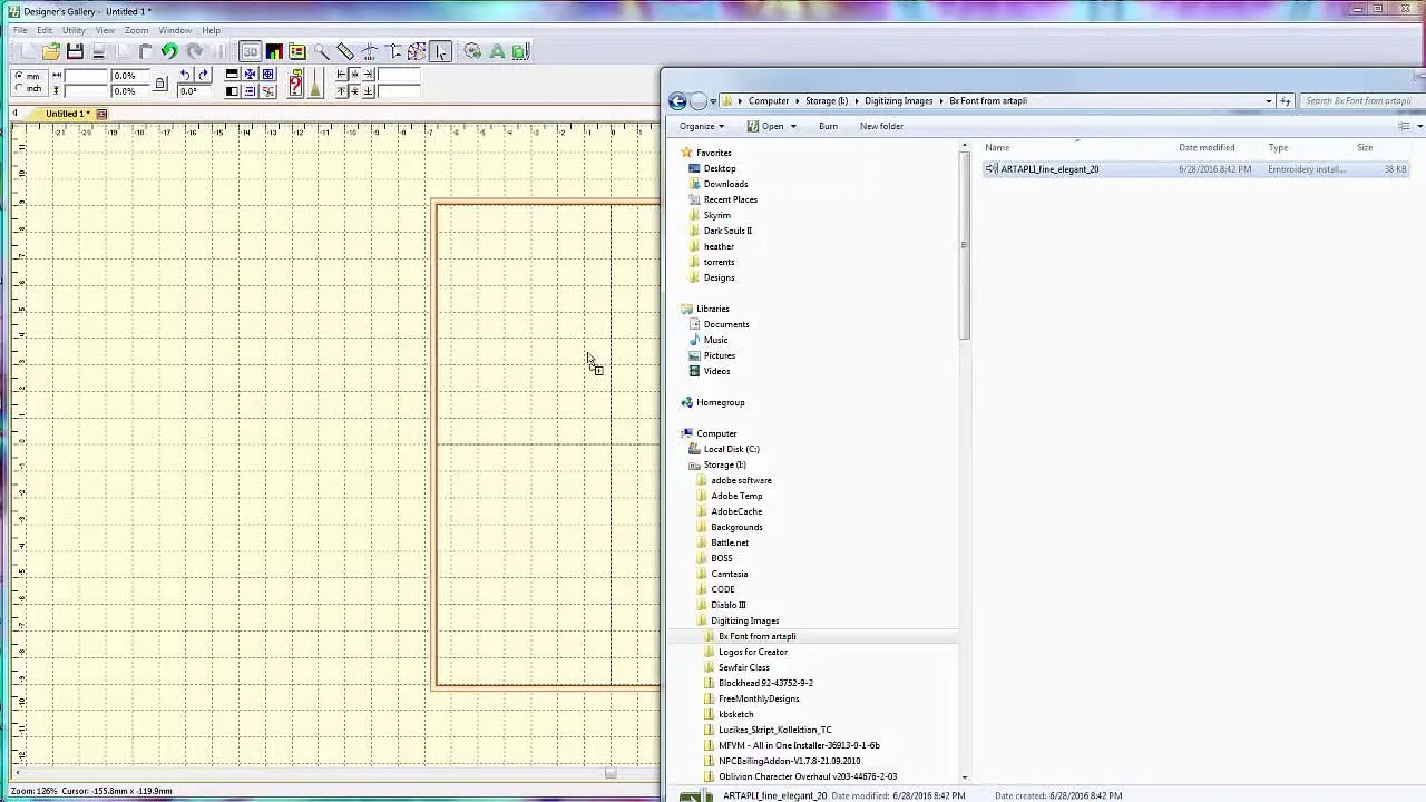 A screen capture shows the exact drag-and-drop moment of a .BX font file being dropped onto the Designer’s Gallery Creator design grid.