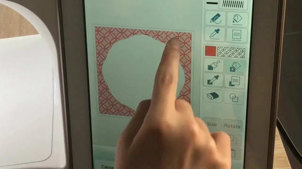 A close-up of the Baby Lock Solaris screen as the paint bucket tool flood-fills the background area with a red geometric lattice pattern.