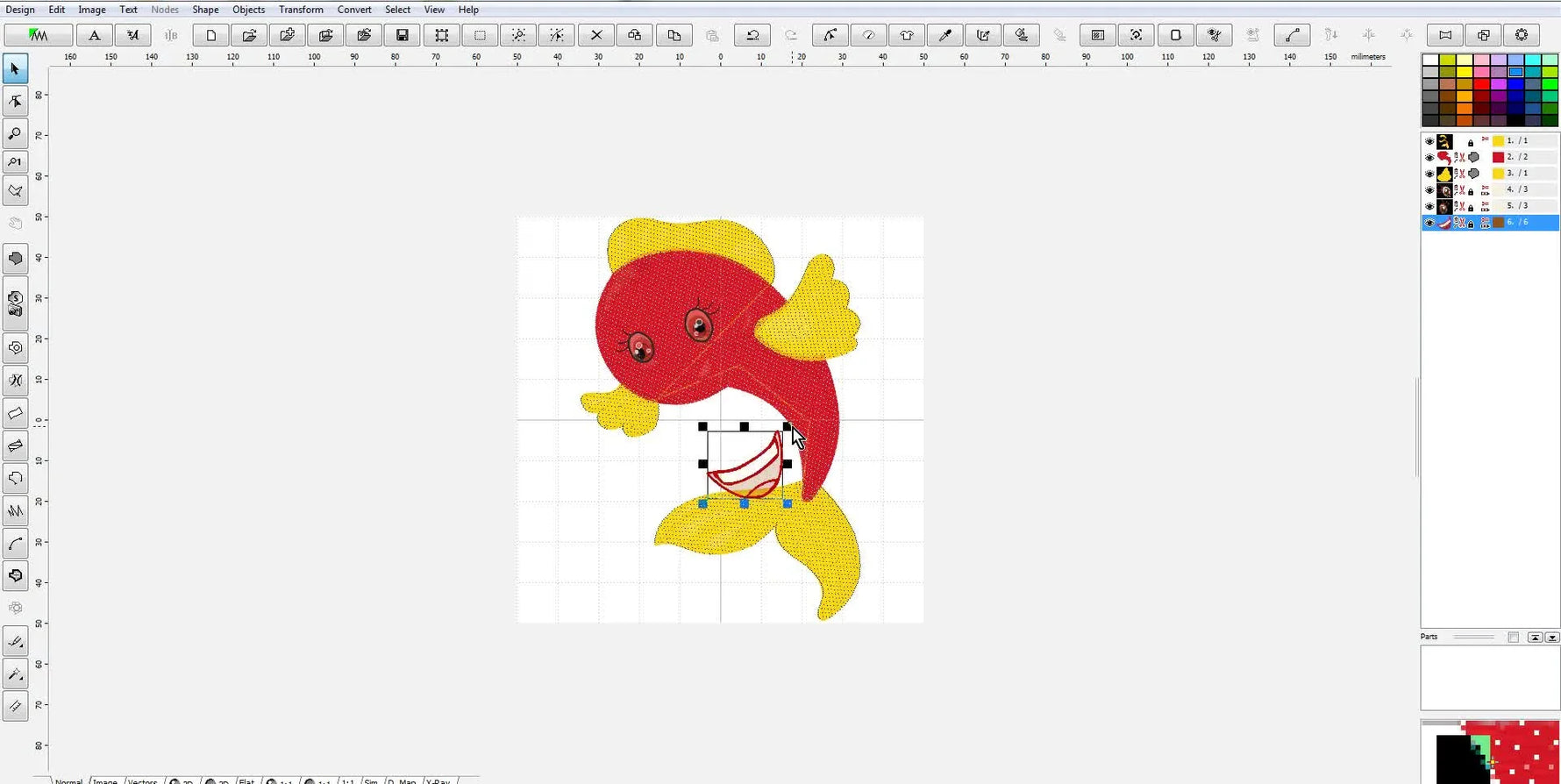A 3D stitch preview shows a red fish design with newly merged eyes and a mouth that make the face look more animated and readable.
