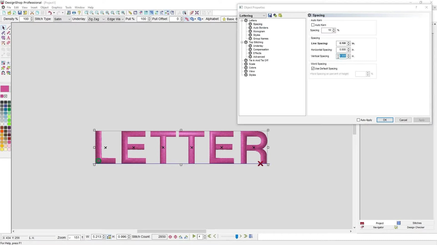 A screen capture in DesignShop 11 showing Vertical Spacing set to 0.25 to create a stair-step text layout.