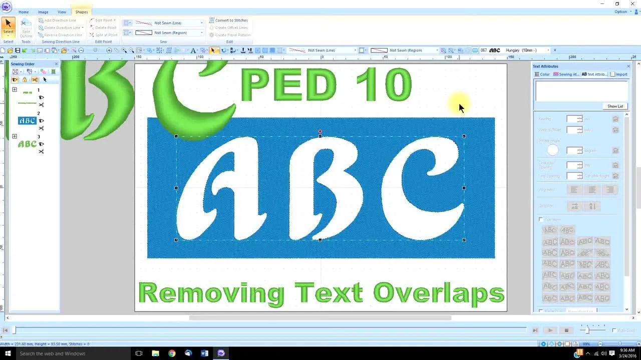 A PE Design 10 screen capture showing a filled background with crisp letter-shaped cutouts ready for the original text to be layered back in.
