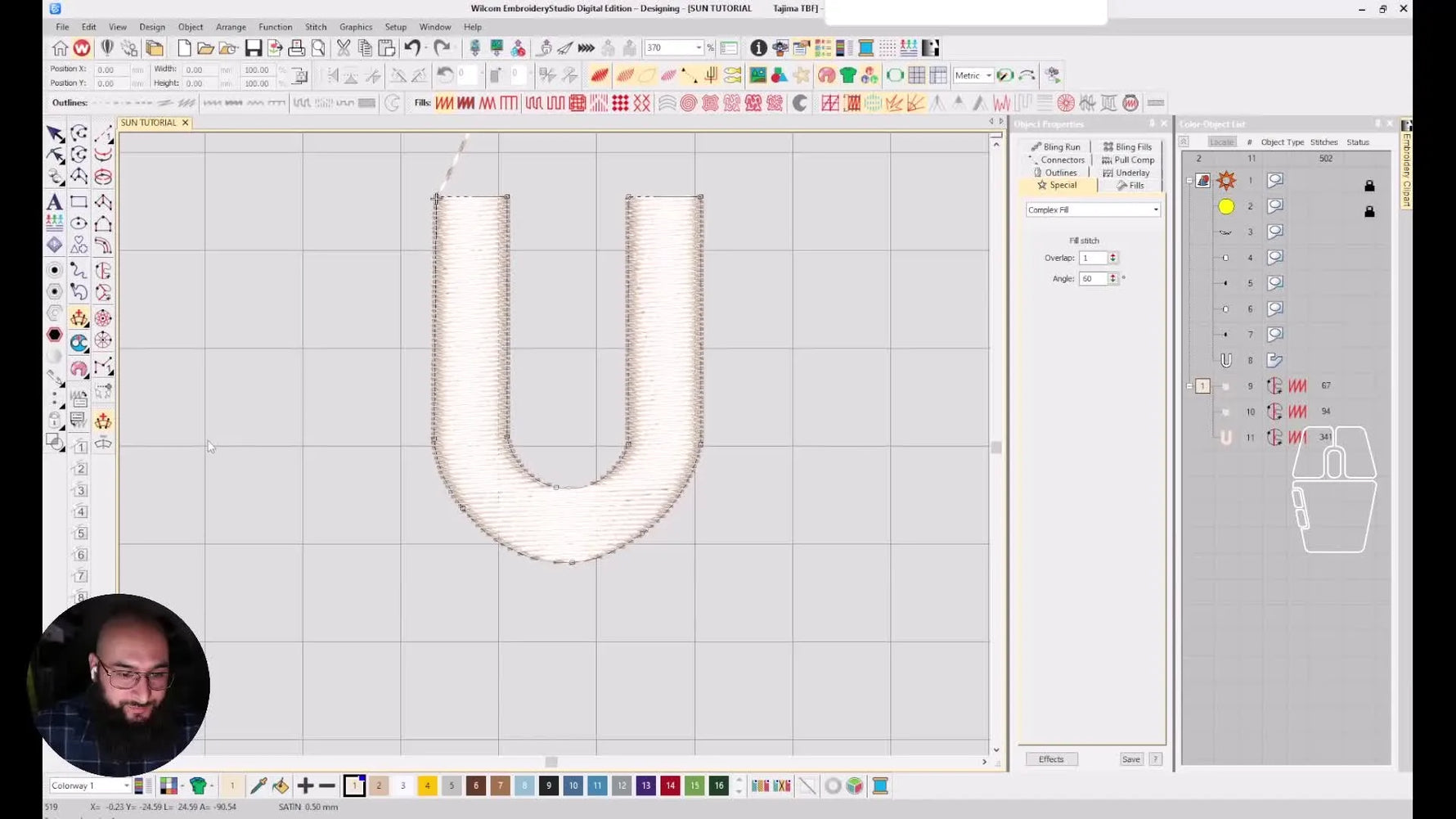 A Wilcom screen capture showing Stitch Angles (Ctrl+H) applied to a curved “U” shape to correct stitch direction and improve the final embroidery finish.