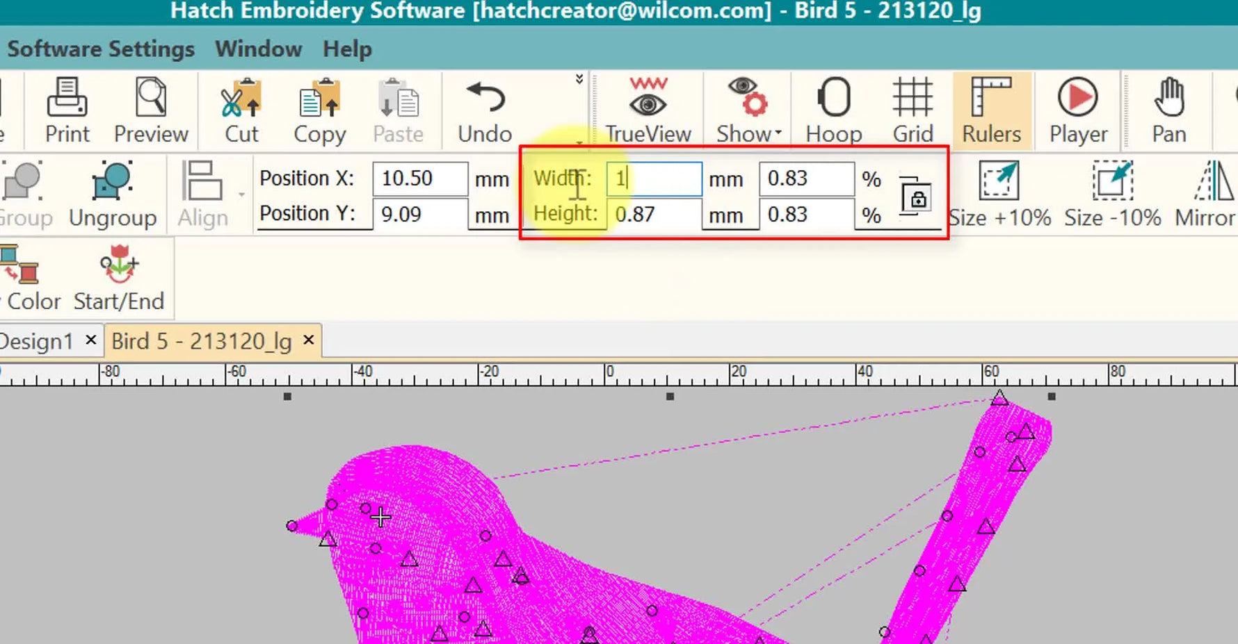A close-up of Hatch’s width field with “150” entered and the proportional scaling padlock visible, showing the safest way to resize accurately.
