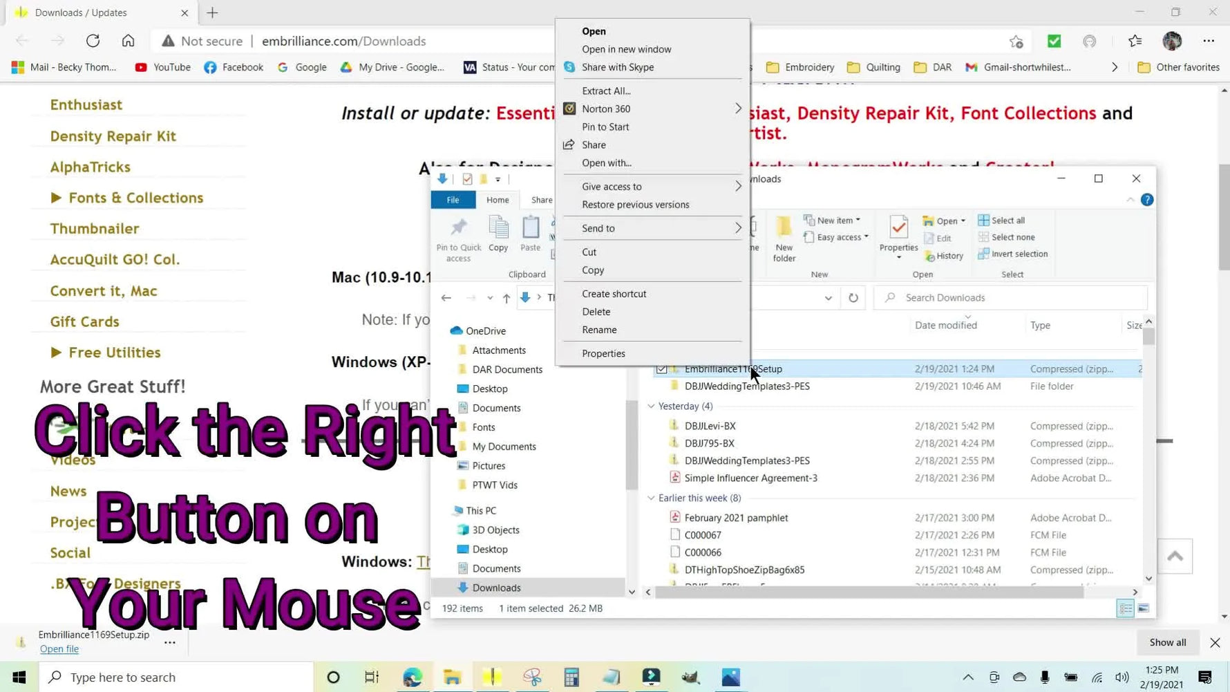 A close-up of the Windows right-click menu on the Embrilliance ZIP file with “Extract All” highlighted—the step that prevents most failed updates.