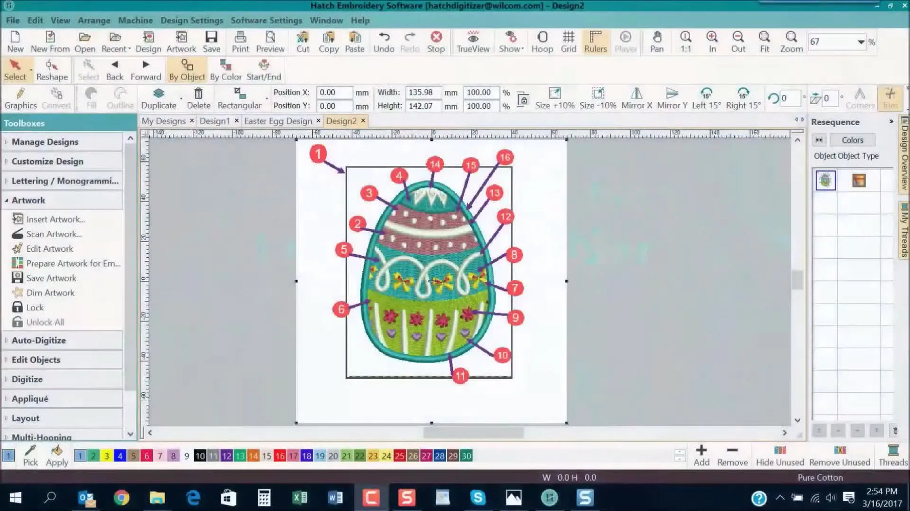 A full Hatch workspace view of an Easter egg design with numbered markers showing the planned stitch sequence from background layers to the final satin border.