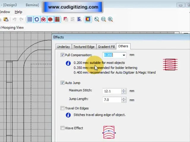 A close-up of the Pull Compensation dropdown in BERNINA DesignerPlus V5 showing recommended millimeter presets for different digitizing situations.