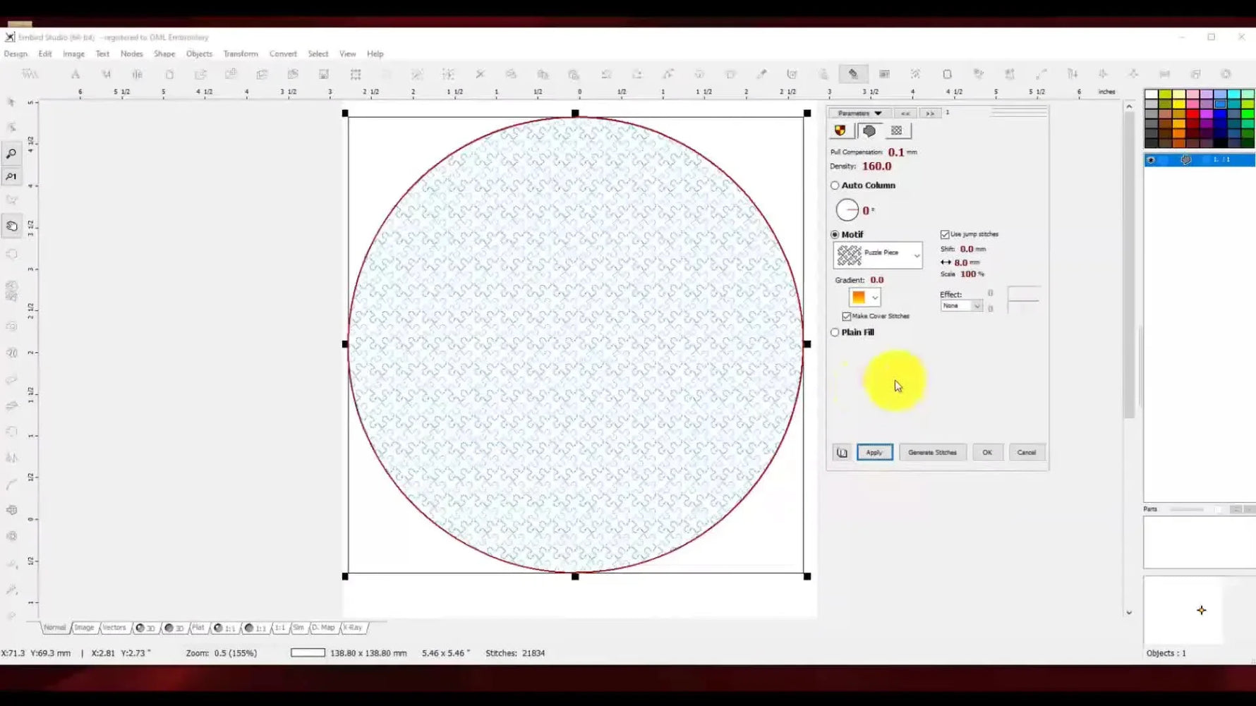 A screen capture preview shows a circle filled with an interlocking puzzle-piece motif inside Embird Studio’s parameters window.