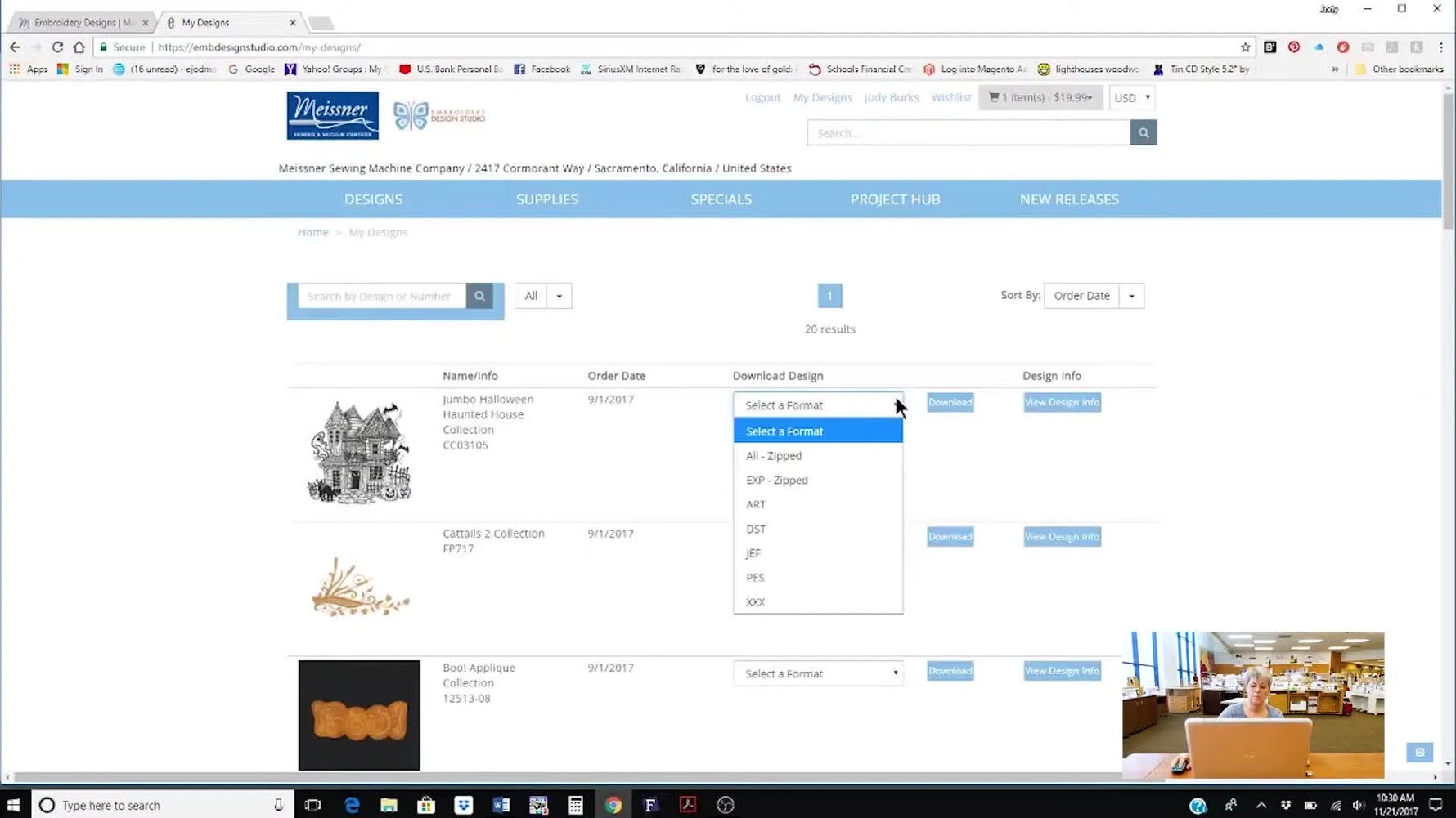 A close-up screen capture shows the file-format dropdown set to PES, the critical choice for Baby Lock compatibility.