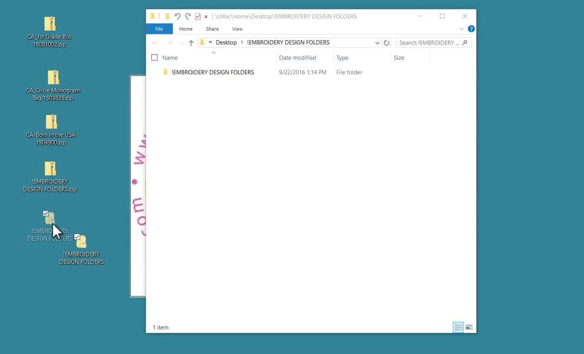 A side-by-side view of an opened extracted folder window next to the original zipped folder icon, showing how to confirm your embroidery files are truly unzipped.