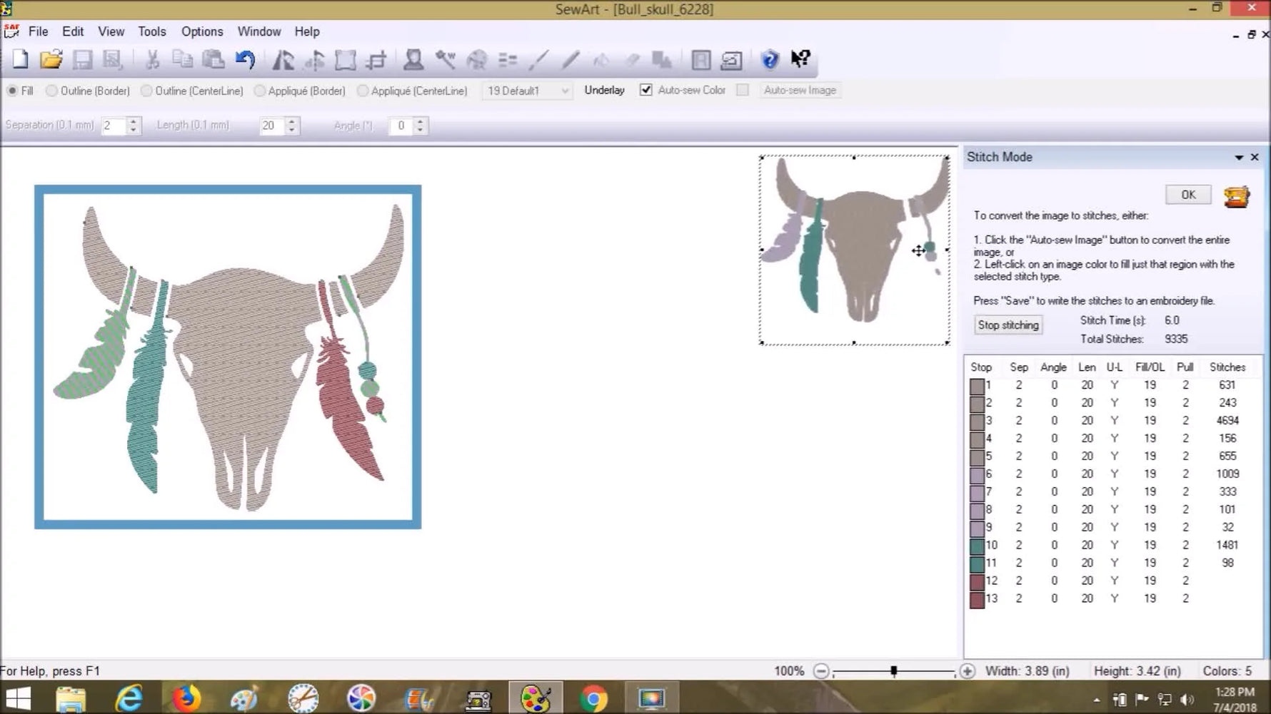 SewWhat‑Pro displays the finished Bull Skull embroidery file with stitch count, dimensions, and thread chart for a final pre-stitch audit.